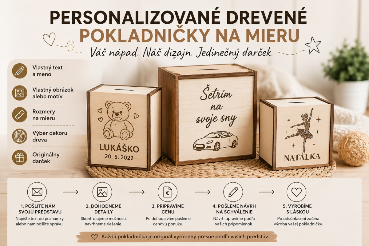 Personalizované darčeky - drevené pokladničky na mieru