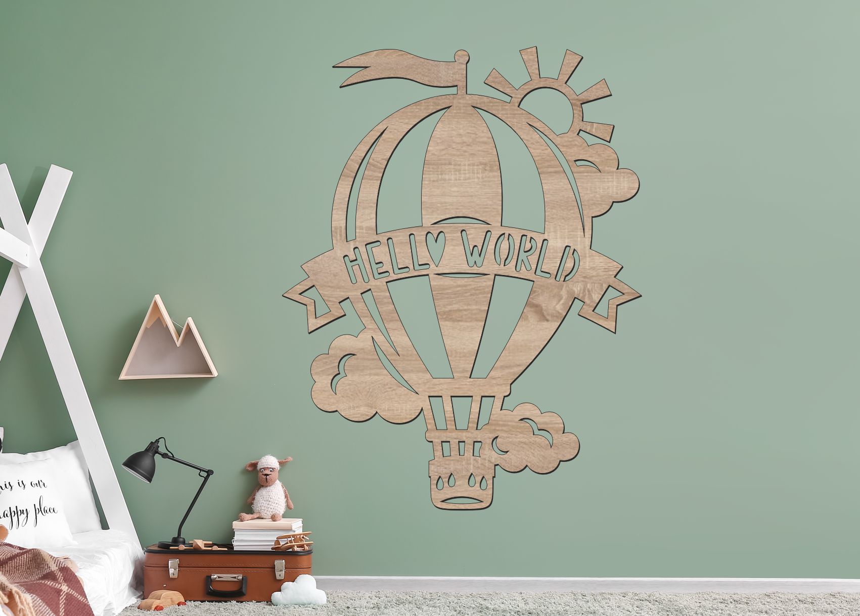 Drevený obrázok do detskej izby – Balón Hello World