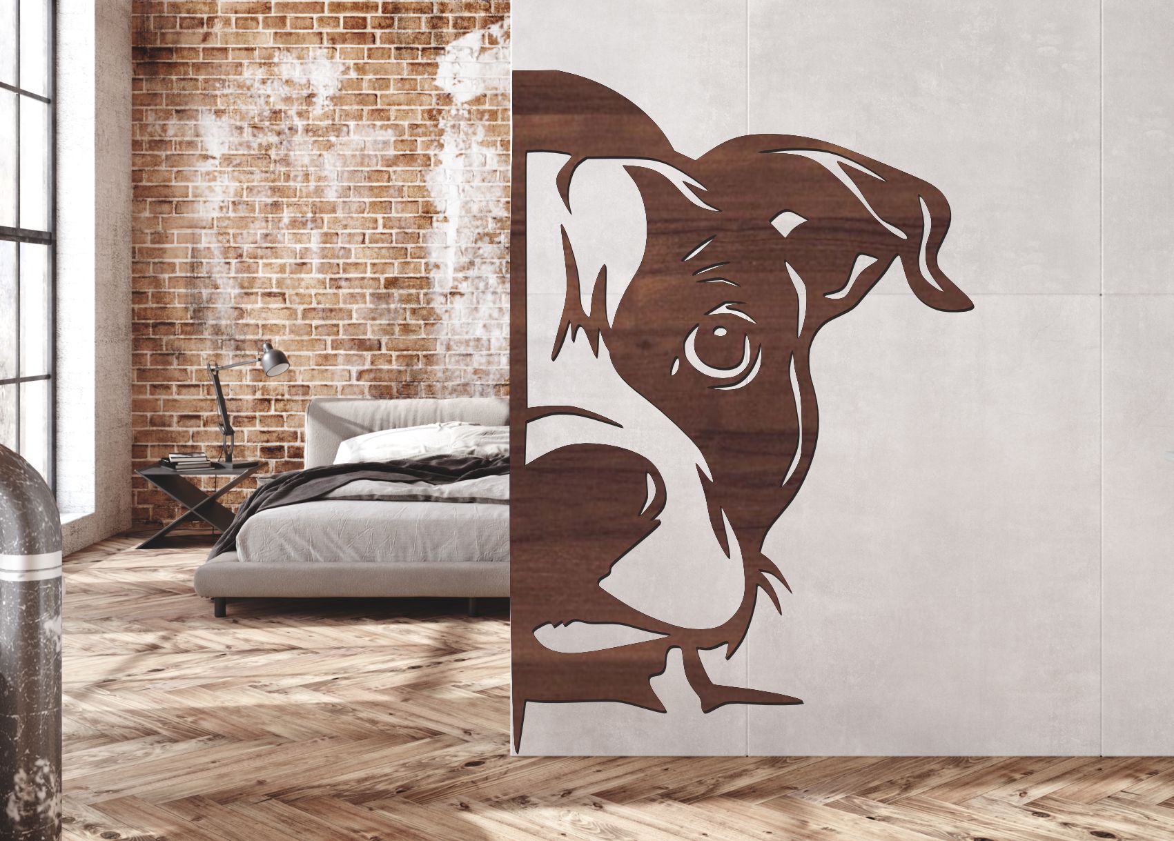 Drevený obraz – Psík vykúkajúci spoza rohu