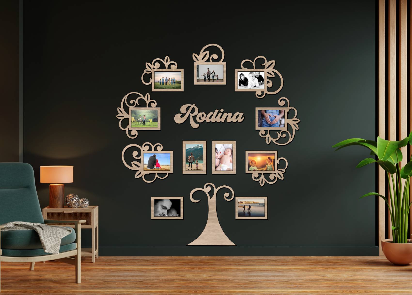 Drevený fotorámik na stenu – Rodinný strom s nápisom