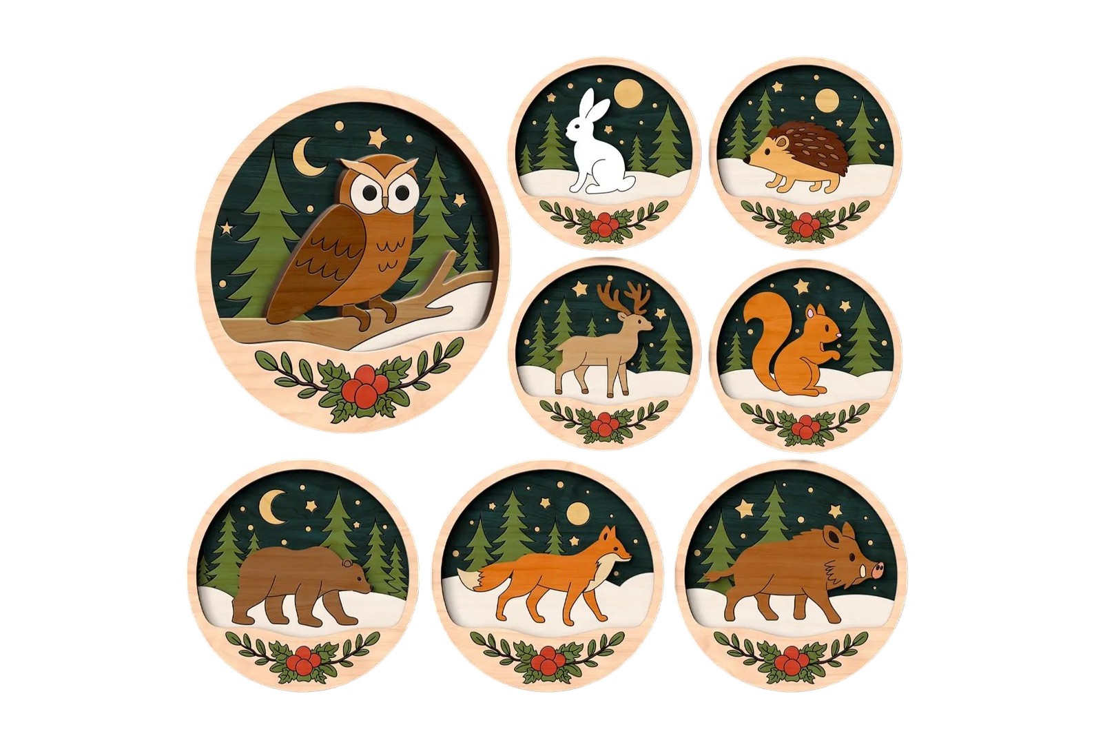 Drevené vianočné ozdoby na vymaľovanie – Lesné zvieratká
