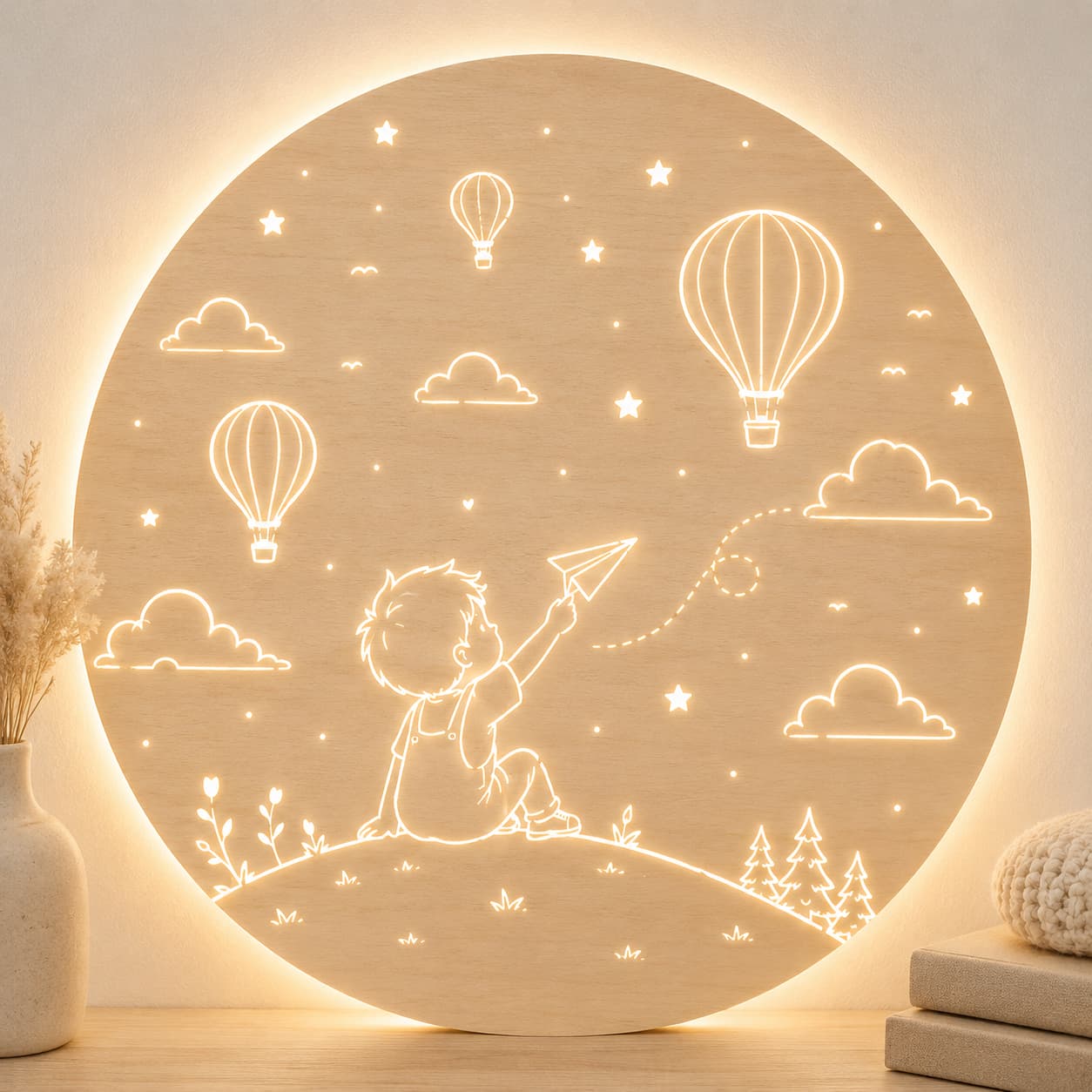 Drevená LED lampa pre chlapca - Lietadielko a balóny
