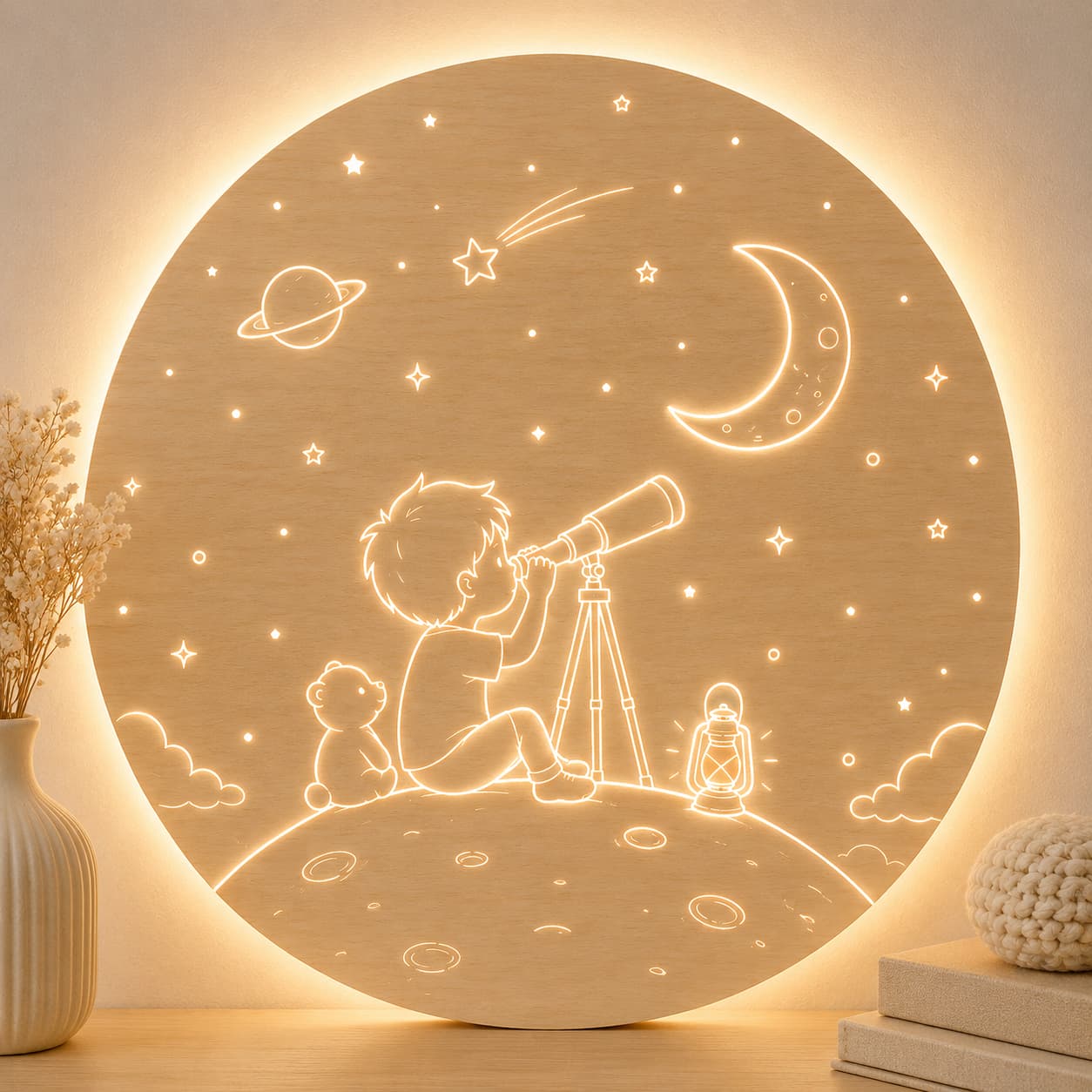 Drevená LED lampa pre chlapca - Chlapec s teleskopom