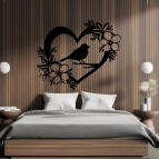 Drevený obraz – Srdce s vtáčikom a kvetmi