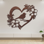 Drevený obraz – Srdce s vtáčikom a kvetmi