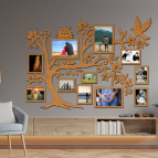 Drevený fotorámik na stenu – Rodinný strom so sovičkou a vtáčikom