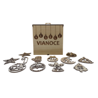 Drevené vianočné ozdoby v darčekovej krabičke – Veselé Vianoce (12 ks)