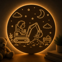 Detská LED lampa na stenu - Chlapec na bagri pod hviezdnou oblohou