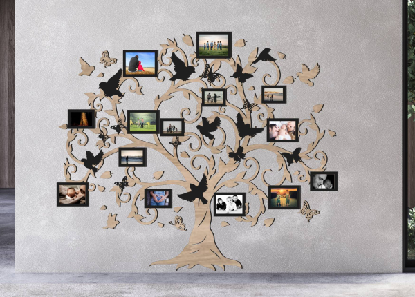 Drevený fotorámik na stenu – Rodinný strom s vtáčikmi a motýľmi