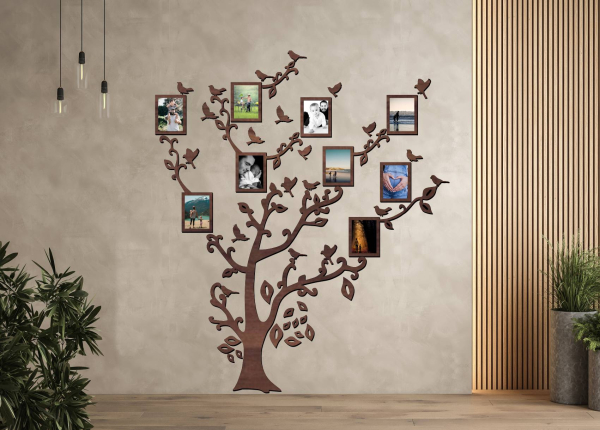 Drevený fotorámik na stenu – Rodinný strom s vtáčikmi