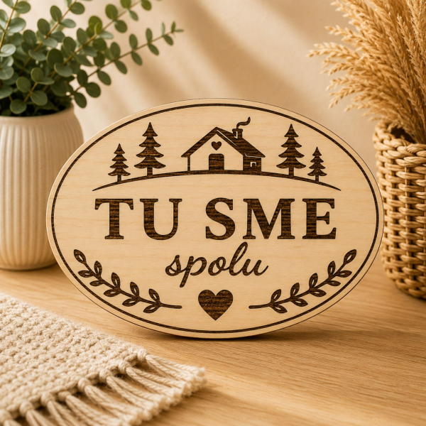 Drevená tabuľka na chatu - Tu sme spolu - oválna dekorácia